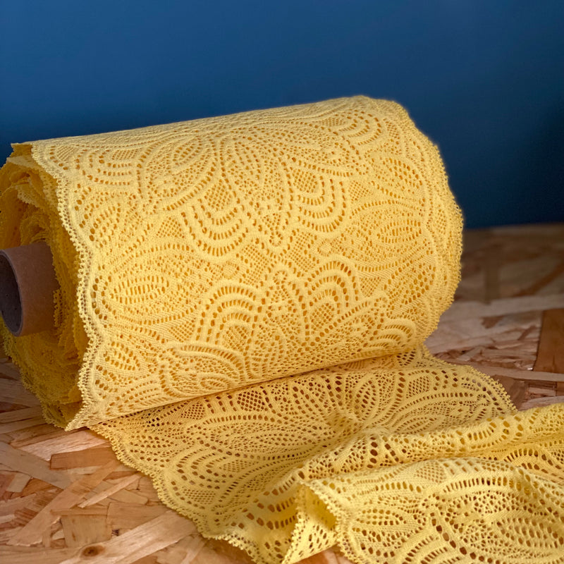 Recycled Stretch Lace with ROICA™ EF - Floral Design, Yellow - 18cm wide