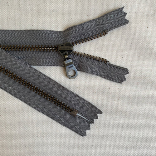 YKK No. 5 Antique Brass Metal Zip with NATULON® Recycled Tape - Closed End - SMOKEY GREY