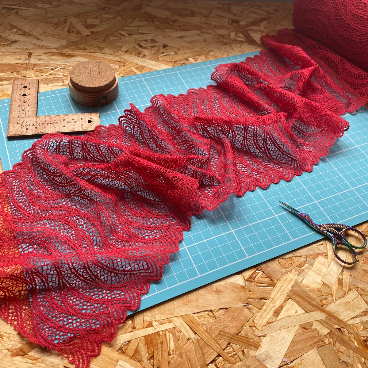 Stretch Lace with ROICA™ EF - Wavy Design, Lollipop Red - 19.5cm wide