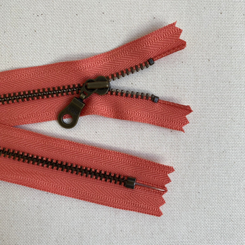 YKK No. 3 Antique Brass Metal Zip with NATULON® Recycled Tape - Closed End - CORAL