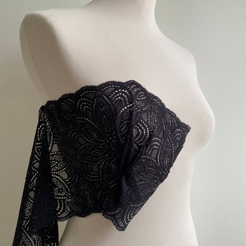 Recycled Stretch Lace with ROICA™ EF - Floral Design, Jet Black - 18cm wide