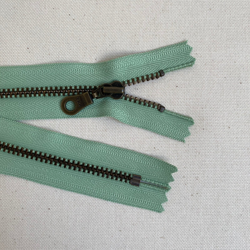 **MULTIPACK** YKK No. 3 Antique Brass Metal Zip with NATULON® Recycled Tape - Closed End - PEPPERMINT GREEN