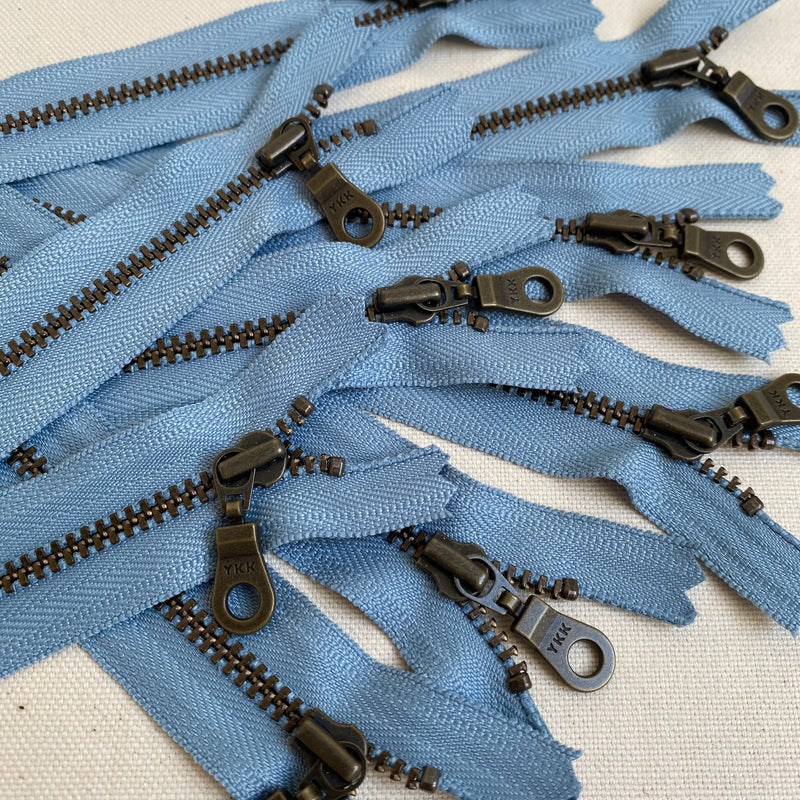 **MULTIPACK** YKK No. 5 Antique Brass Metal Zip with NATULON® Recycled Tape - Closed End - BLUE HERON