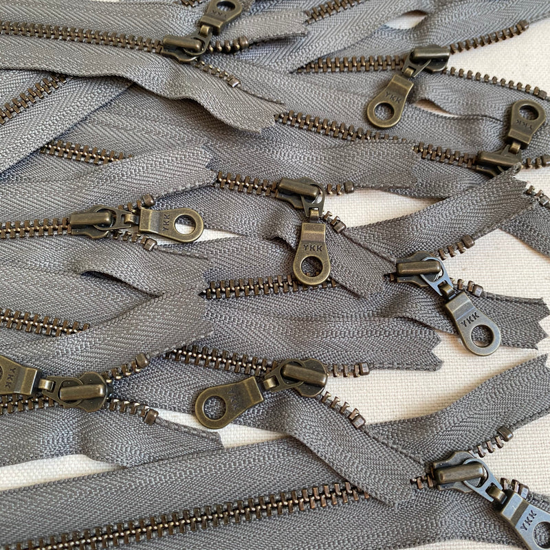 **MULTIPACK** YKK No. 3 Antique Brass Metal Zip with NATULON® Recycled Tape - Closed End - SMOKEY GREY