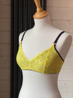 Recycled Stretch Lace with ROICA™ EF - Floral Design, Yellow - 18cm wide