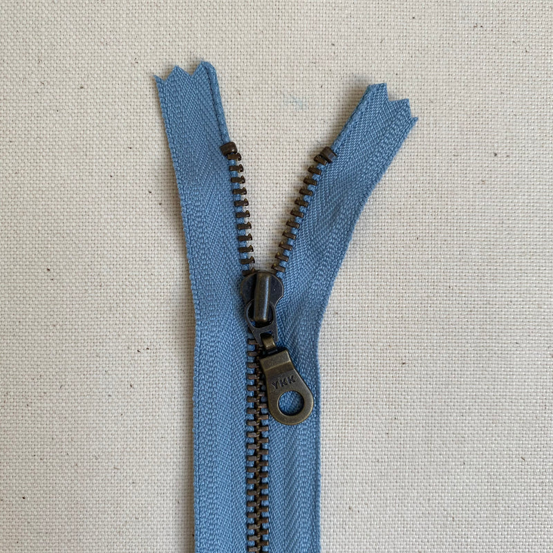 **MULTIPACK** YKK No. 3 Antique Brass Metal Zip with NATULON® Recycled Tape - Closed End - BLUE HERON