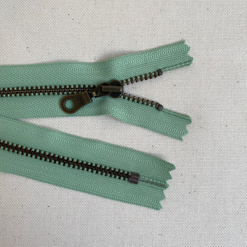 YKK No. 3 Antique Brass Metal Zip with NATULON® Recycled Tape - Closed End - PEPPERMINT GREEN