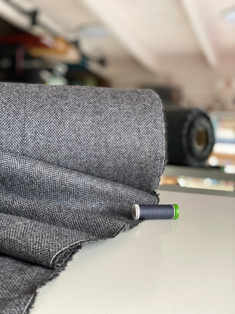 Herringbone Tweed Deadstock Fabric - Blue Grey - Priced per 0.5 metre