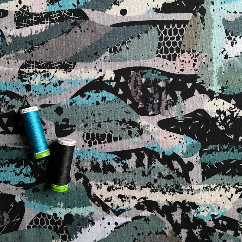 Organic French Terry Knit Fabric - Blue Camouflage - Priced per 0.5 metre