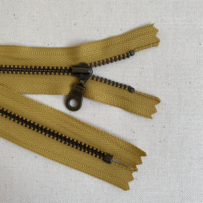 YKK No. 3 Antique Brass Metal Zip with NATULON® Recycled Tape - Closed End - MUSTARD