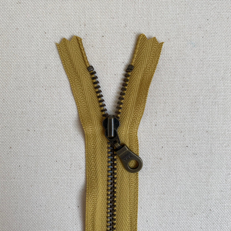 **MULTIPACK** YKK No. 3 Antique Brass Metal Zip with NATULON® Recycled Tape - Closed End - MUSTARD
