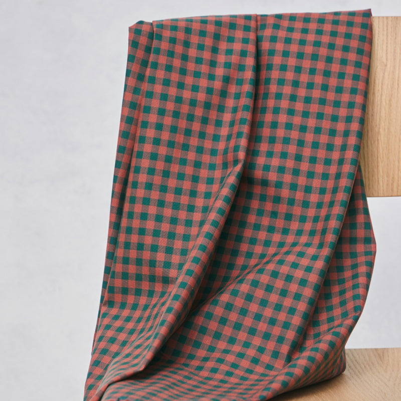Organic Cotton Oxford Gingham - Bottle Green/Coral Red - Priced per 0.5 metre